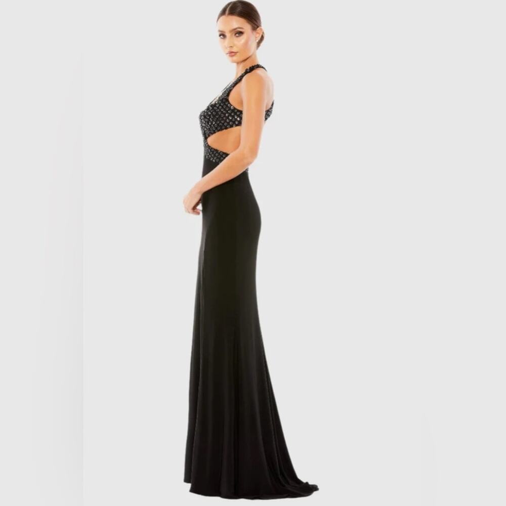 NEW MAC DUGGAL Black 68166 Floral Sequined Criss Cross Bodice Maxi Gown Dress 8